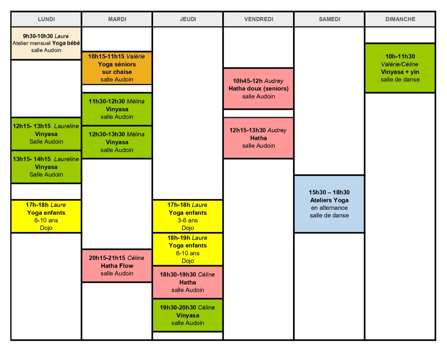 Planning des cours hebdomadaires