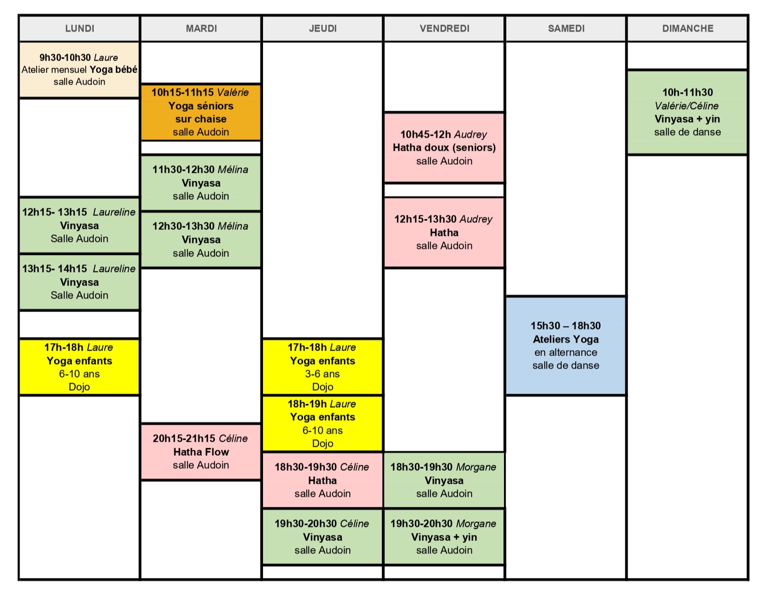 Planning des cours hebdomadaires