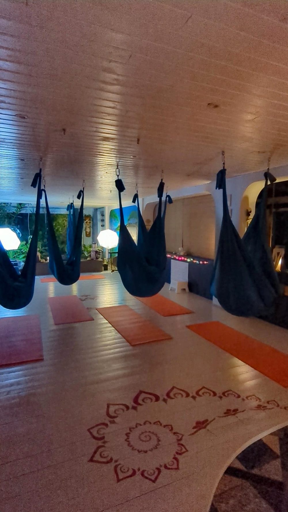 Les hamacs de yoga aérien dans la salle de pratique